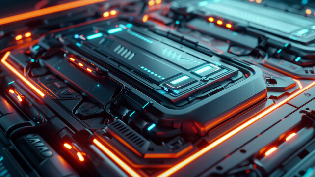 wide angle of an ev battery with neon lights in detail.