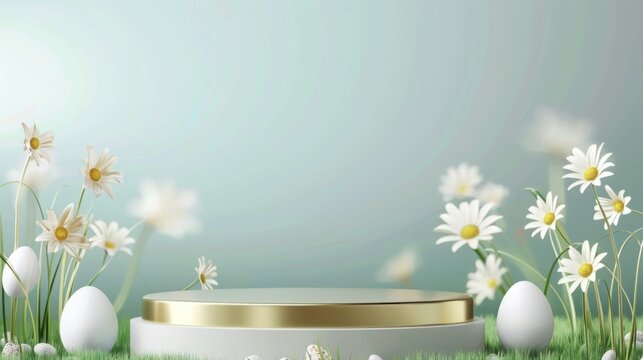 Easter Podium Background 3d Product Egg Spring Happy Flower Display Scene Sale Gold. Background Rabbit Podium Banner Cosmetic Greeting Easter Stage Card Poster Platform Grass Nature Mockup Green Day