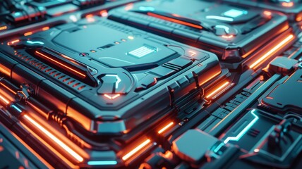 wide angle of an ev battery with neon lights in detail.