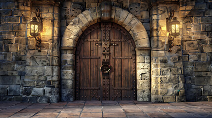 Ancient Wooden Door in Stone Archway: The image features a large, ornate wooden door set within a stone archway. 