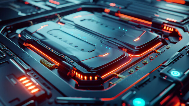 wide angle of an ev battery with neon lights in detail. - Powered by Adobe
