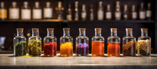 A row of glass bottles filled with various colored liquids, ranging from alcoholic beverages to flavored syrups, are neatly lined up on the counter - obrazy, fototapety, plakaty