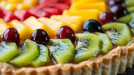 A detail of a fruit tart featuring a colorful array of seasonal fruits like kiwi pineapple and mango.