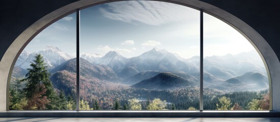 The spacious window offers a stunning view of the majestic mountains, showcasing a natural landscape with cumulus clouds hovering over the horizon