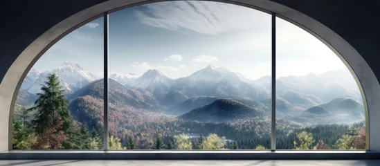 Photo sur Plexiglas Gris 2 The spacious window offers a stunning view of the majestic mountains, showcasing a natural landscape with cumulus clouds hovering over the horizon