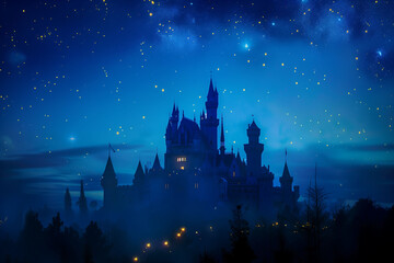 Fototapeta na wymiar Enchanting Castle Under a Mystical Starlit Sky