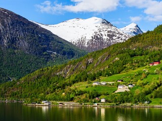 Fototapeta na wymiar Mountains and Fjord over Norwegian Village, Olden, Innvikfjorden, Norway, Europe