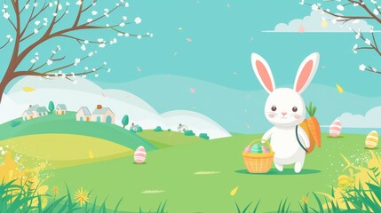 Cheerful Easter Bunny Adventure in Springtime Meadows. Generative AI.
