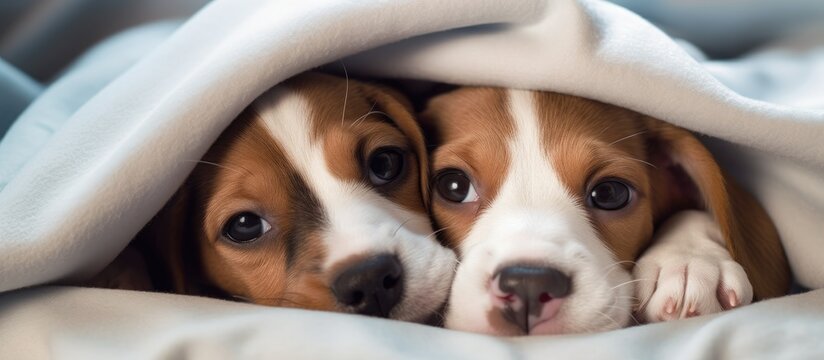 Two Beagliers, a dog breed known for being a companion dog and working animal, are playfully hiding under a blanket on a bed, their whiskers twitching with excitement