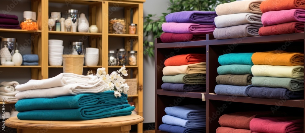 Aufkleber a stack of towels is neatly arranged on a wooden shelf in a store building. the magenta towels creat