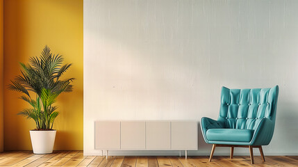 Scandinavian Inspired Living Room with Cozy White Sofa, Wooden Floor, and Bright Yellow Accents