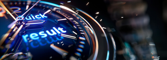 A close-up of a futuristic watch dial with neon blue lights spelling 'Quick result,' symbolizing urgency and efficiency. Banner. Copy space.