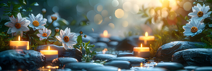 White flowers grey stones and candles and green ,
 Candles, flowers, and rocks in the rain. A reflection of the cycle of life, SPA and Wellness concept
