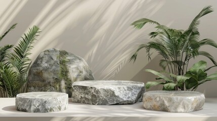 Podium background 3D white marble stand display platform mockup. Stone podium scene summer background 3D render product stage presentation green pedestal plant rock leaf art abstract. Generative AI