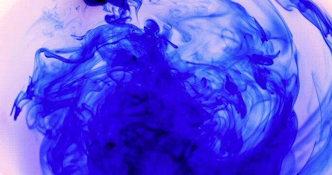 blue ink in clear water in a white bowl, floating blue ink in the water swim beautifully in different patterns
