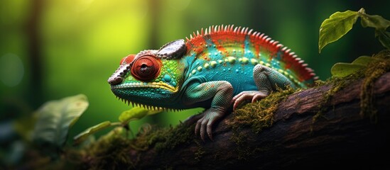 A vibrant electric blue chameleon blends in with the lush green grass and the branches of a...