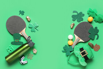 Sports equipment and decorations for St. Patrick's Day celebration on green background