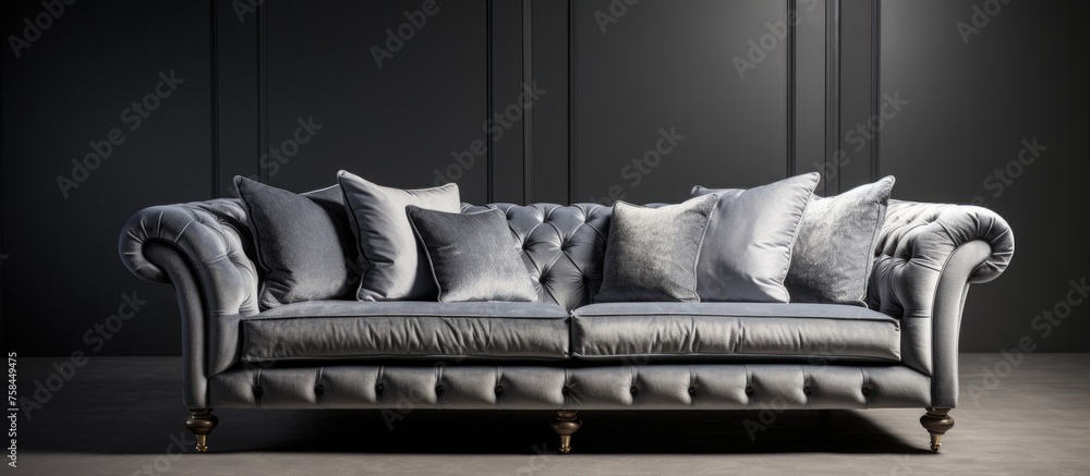 Aufkleber a comfortable grey couch with pillows in a rectangular shape is placed in front of a black wall in t