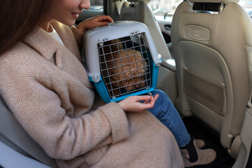 Woman with pet carrier travelling with dog her by car, closeup