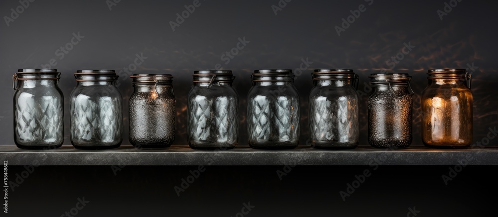 Poster a row of cylindrical bottles made of transparent glass are neatly lined up on a shelf, each containi