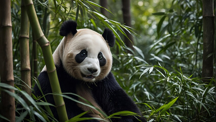 Portrait of a Giant Panda Amidst Lush Forest