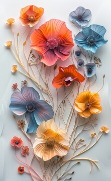 3d papercuts, in the style of surrealistic cartoons, detailed shading, realistic dreaming dry flowers with tonal classic vintage colors swirling vortexes traditional, vibrant