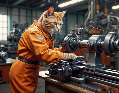 An orange cat wearing an orange jumpsuit with a black belt is operating a large metal lathe in a factory.