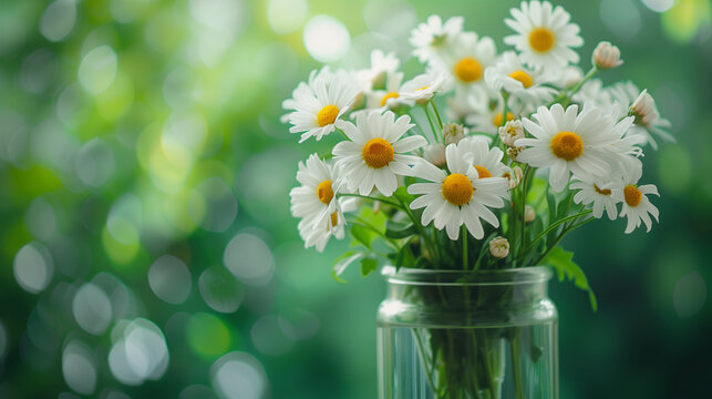 Wild daisy flowers growing on meadow, white chamomiles on green grass background. Green grass and chamomile in the meadow. Spring or summer nature scene with blooming white daisies in sun glare. 