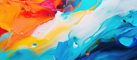 A closeup of a vibrant painting featuring electric blue, magenta, and aqua colors on a white background. The fluid and intricate patterns create a mesmerizing art piece