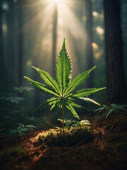 Sunlit cannabis plant in forest setting