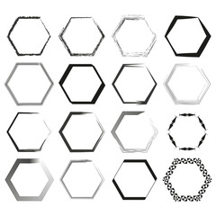 An assortment of hexagonal frames in various styles and brush strokes. Vector illustration. EPS 10.
