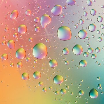 Abstract neon holographic multicolored rainbow background with oily drops. Drinks, cosmetics, spa, chemistry.  concept close-up with space for text, for banner,  poster, 