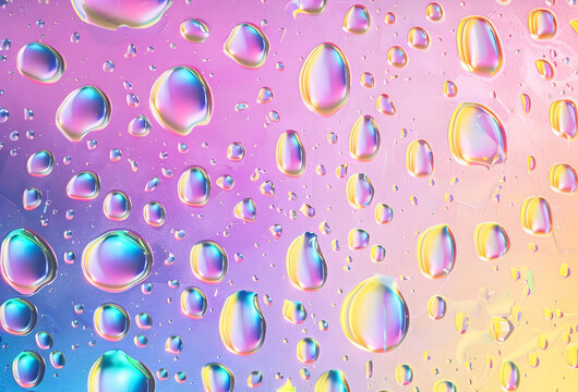 Abstract neon holographic multicolored rainbow background with oily drops. Drinks, cosmetics, spa, chemistry.  concept close-up with space for text, for banner,  poster, 