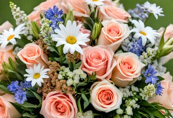 bouquet for loved ones, a Colorful Spring flower bouquet with leaves, peach color flowers, roses, Daisy flowers, white Daisy flower
