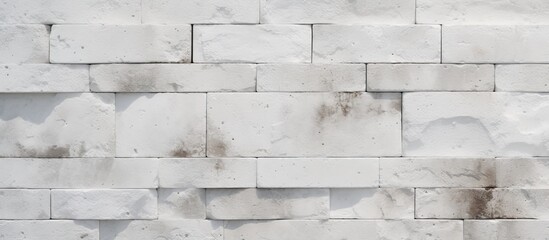 A close up of a rectangular white brick wall with parallel black spots, creating a pattern. The...
