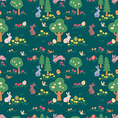 EASTER THEMES BUNNY AND EGG IN THE GREEN NATURE SEAMLESS PATTERN
