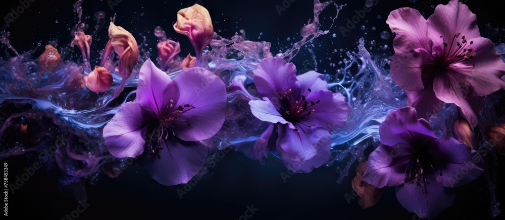 Canvas Prints magenta petals of purple flowers are floating in the water against a dark background, creating a stu