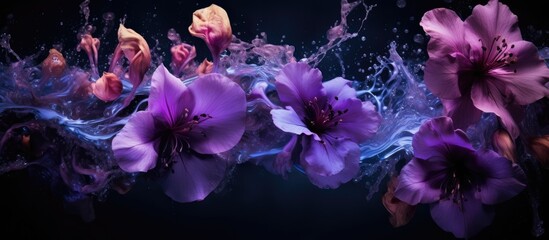 Magenta petals of purple flowers are floating in the water against a dark background, creating a stunning contrast in nature