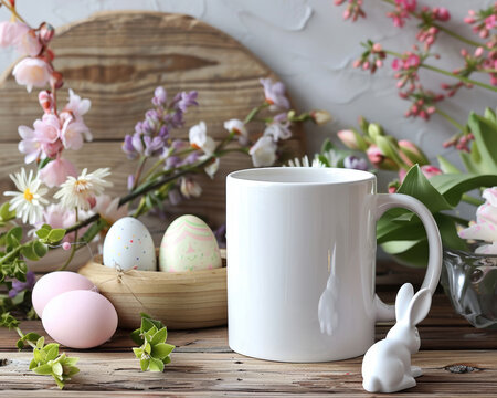 A plain white mug placed on a rustic wooden table decorated with pastel-colored Easter eggs and cute rabbit figurines, surrounded by blooming flowers, for a fresh and inviting springtime atmosphere.