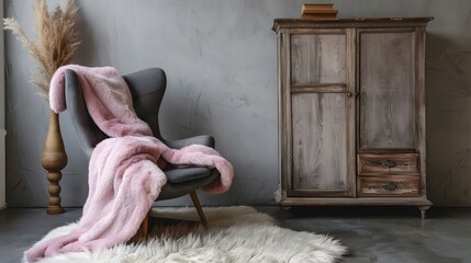 Grey lounge chair with pink fur blanket near wooden wardrobe against grey wall. Scandinavian, farmhouse home interior design of modern living room. - obrazy, fototapety, plakaty