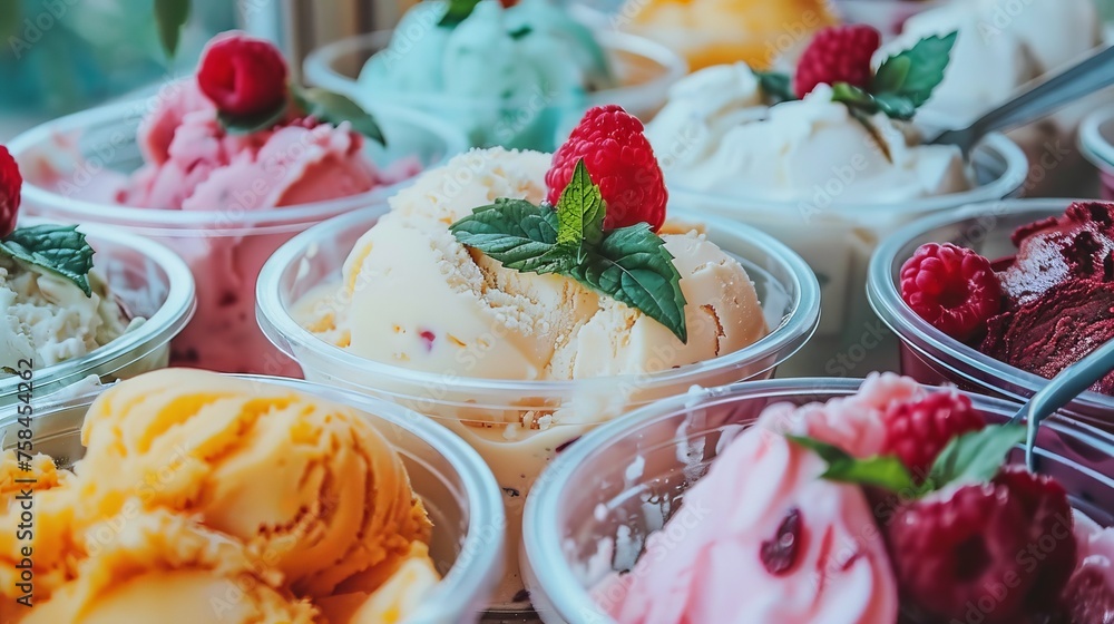 Poster colorful array of fruity gelato flavors arranged in a visually appealing display