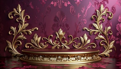 empty Podium and baroque gold motifs on red background, elegant style, used for displaying products