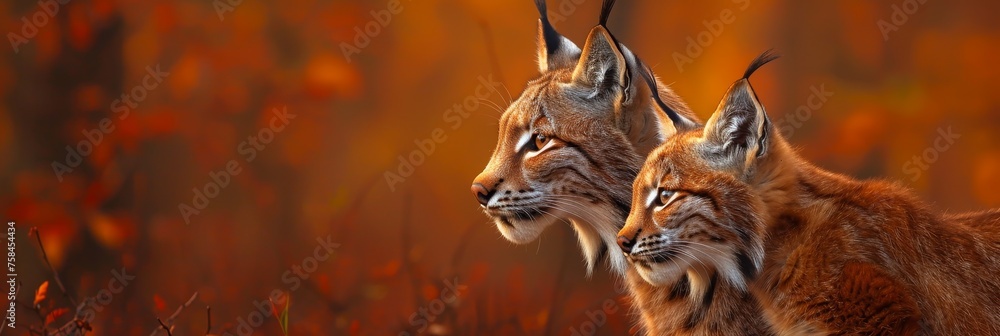 Poster male lynx and cub portrait with empty space for text, featuring an object on the right side