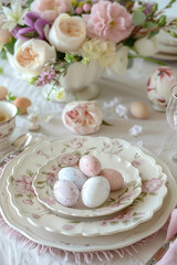 Beautifully set Easter table with a bouquet of spring flowers in a vase, Easter decorations and colored Easter eggs