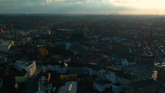 Aerial view around the old town of the city Dorsten on a cloudy day in autumn in Germany.