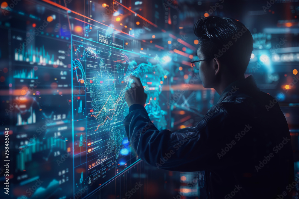 Poster digital businessman hand drawing growth graphs and financial data on a virtual screen background for