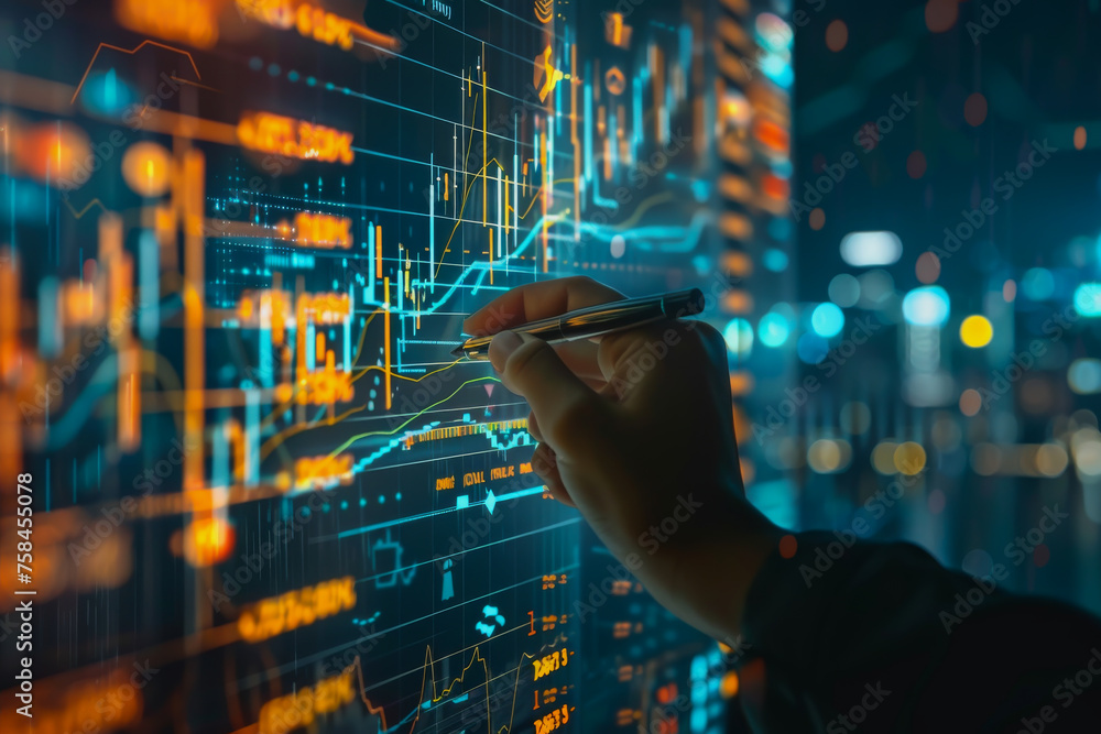 Poster digital businessman hand drawing growth graphs and financial data on a virtual screen background for