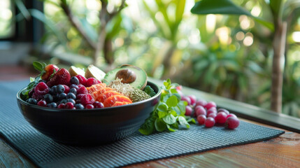 A bowl of fresh fruits and vegetables is p next to a yoga mat emphasizing the importance of nutrition and overall wellness in holistic healing.