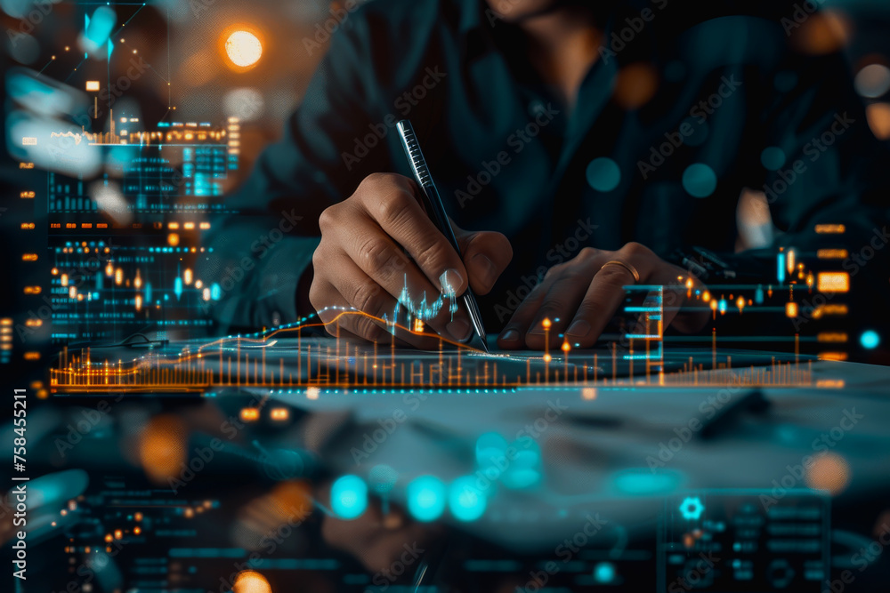 Poster digital businessman hand drawing growth graphs and financial data on a virtual screen background for