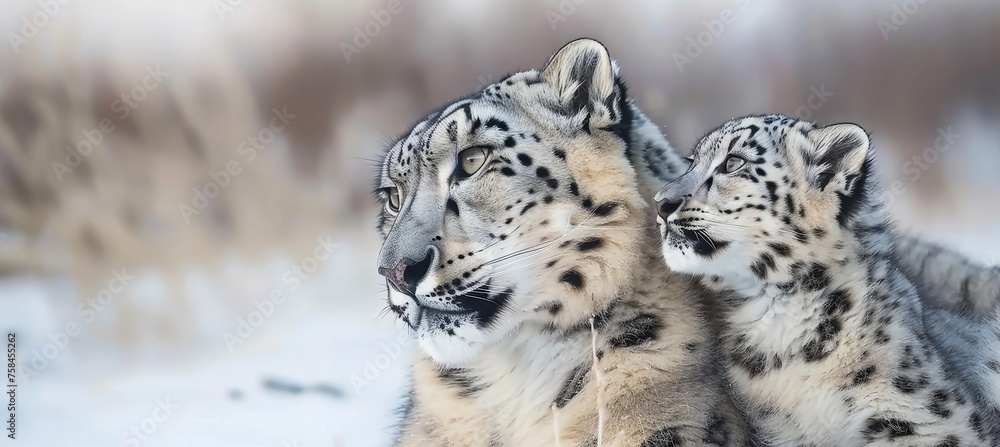 Poster snow leopard and cub portrait with space for text, ideal for adding personalized messages